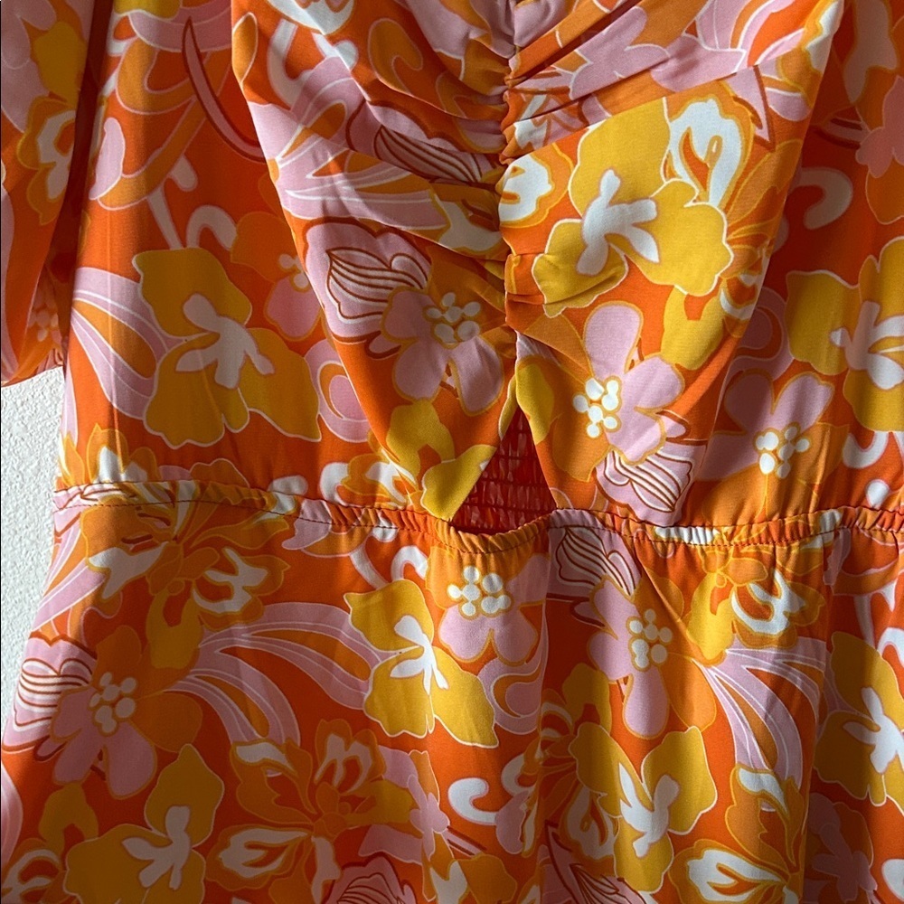 Puffy Sleeve Smocked Floral Orange and Pink Women's Dress - Picture 4 of 6